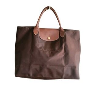Longchamp Le Pliage Tote Women Large Brown Excellent Nylon Leather Trim Bag